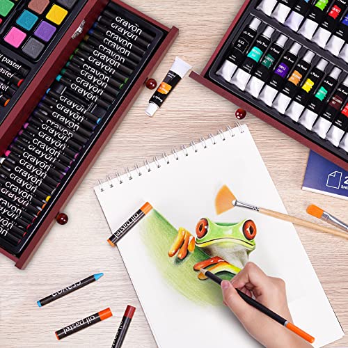175 Piece Deluxe Art Set with 2 Drawing Pads, Acrylic Paints, Crayons, Colored Pencils Set in Wooden Case, Professional Art Kit, for Adults, Teens Color More