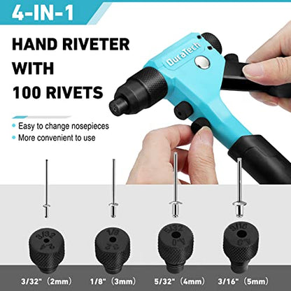DURATECH 4-in-1 Rivet Gun, Pop Rivet Tool Kit with 100 Rivets - 3/32", 1/8", 5/32", 3/16", Heavy Duty Hand Riveter with 4 Interchangeable Nosepieces