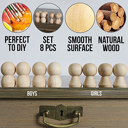 Wooden Peg Dolls Unfinished Set of 8 pcs - Wooden Dolls Peg People Family - Wooden Pegs Male and Female - Wooden Peg Family - Wooden Doll Body for AEVVV