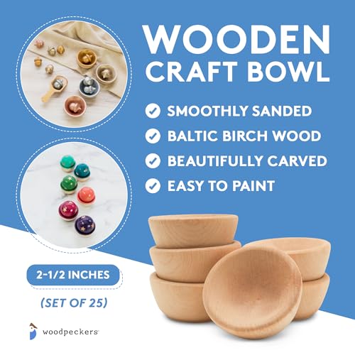 Wooden Craft Bowls Unfinished 2-1/2 inch Set of 50, for Crafts & Sorting, Spice/Nuts/Condiment Cups, & Artisan Boards, by Woodpeckers Woodpeckers