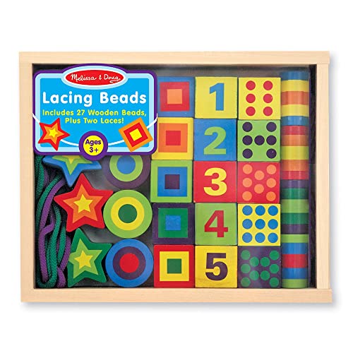 Melissa & Doug Lacing B e a d s in a Box: Wooden Bead Set Bundle with 1 Theme Compatible M&D Scratch Fun Mini-Pad (03775) Melissa & Doug