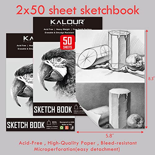 KALOUR 52-Pack Sketch Drawing Pencils Kit with Two Sketchbook,Tin Box,Include Graphite,Charcoal and Artists Tools,Pro Art Drawing Supplies for Adults KALOUR