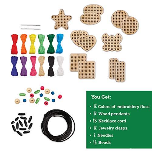 MindWare Make Your Own Cross Stitch – Cute & usable DIY Crafts for Girls & Teens – Make 12 Wooden Pendants – 29 pcs MindWare
