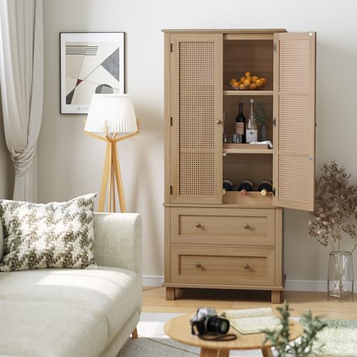 FOTOSOK Kitchen Pantry Storage Cabinet, Tall Cabinet with Rattan Doors and 2 Drawers, Freestanding Cupboard with Adjustable Shelves, Utility Pantry FOTOSOK