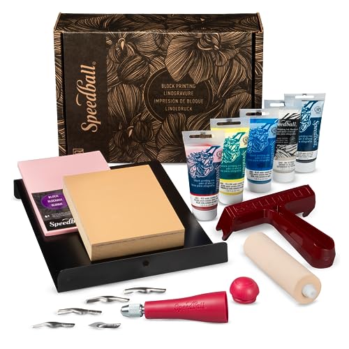 Speedball Deluxe Block Printing Kit - Includes Inks, Brayer, Bench Hook, Lino Handle and Cutters, Speedy-Carve Block, Mounted Linoleum Block Speedball