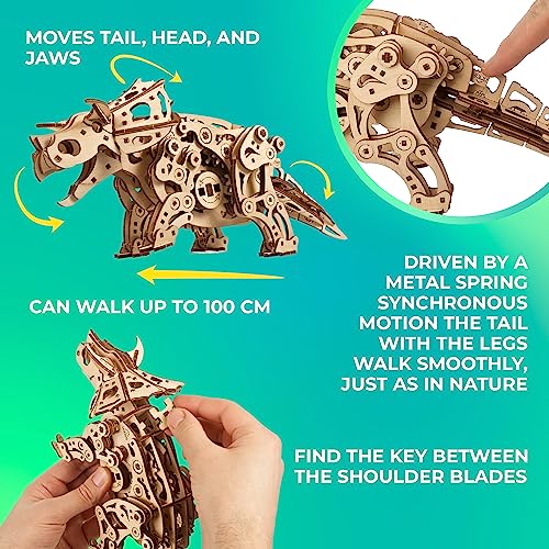 UGEARS Triceratops Dinosaur Wooden Model Kit - 3D Wooden Puzzle for Adults - 1:32 Scale Mechanical Wooden Dinosaur Model - DIY Dinosaur 3D Puzzle UGEARS