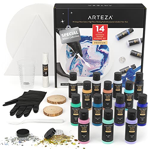 Arteza Acrylic Pouring Paint Kit, 14 Glossy Colors — 8 Pastel & Bright, 3 Iridescent, 3 Metallic, 2 x Stretched Canvas, 2 Wooden Slices, Glitter, and ARTEZA