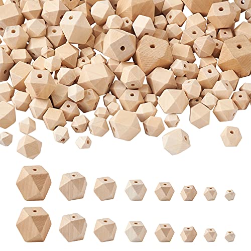 Craftdady 145pcs Unfinished Geometric Wood Spacer Beads Unpainted Natural Wood Faceted Polygon Loose Beads 8 Sizes for Craft Jewelry Making Home Craftdady