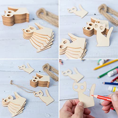 Big Eyes Cat Shape Wooden Blank Wood with Twines Art Unfinished Ornaments for Christmas Wedding Birthday Party Thanksgiving Day Decoration 24Pcs Zontween