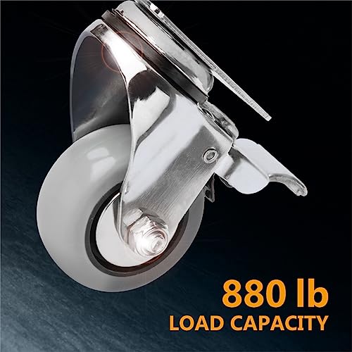 POWERTEC 3 Inch Swivel Caster Wheels Set of 4 with Brake & 880 lbs Loads, Heavy Duty Plate Casters, Dual Locking PU Castor Wheels for Furniture, POWERTEC