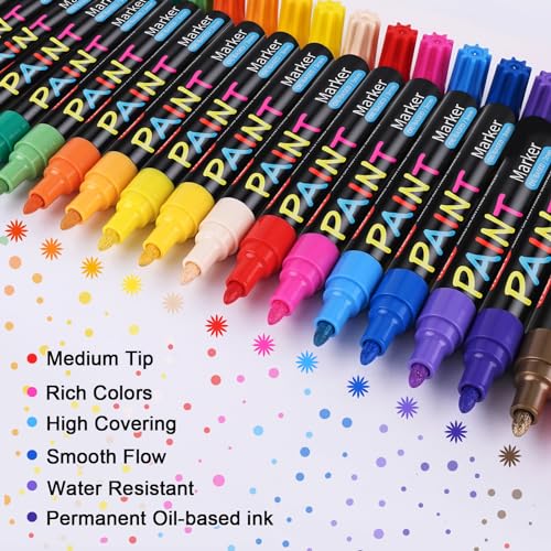 IVSUN Paint Pens Paint Markers, 20 Colors Oil-Based Waterproof Paint Marker Pen Set, Never Fade Quick Dry and Permanent, Works on Rocks Painting, IVSUN