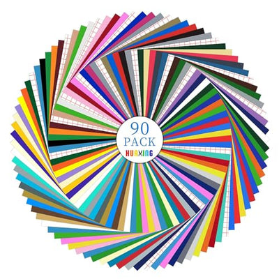 Huaxing Permanent Adhesive Vinyl Bundle - 90 Pack Vinyl Sheets (12”x12”, Glossy, Matte, Metallic) for Most Cutting Machines and Party Decoration,