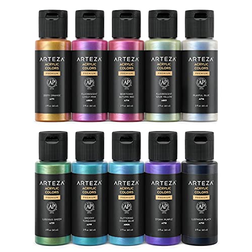 ARTEZA Iridescent Acrylic Paint, Set of 10 Dreamer Colors, 2 oz/60ml Bottles, High Viscosity Shimmer, Water-Based, Blendable Paints, Art Supplies for ARTEZA