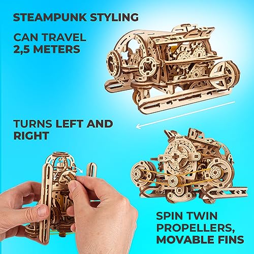 UGEARS Steampunk Submarine - Ugears Wooden 3D Puzzles for Adults - Mechanical Wood Model - Brain Teaser Unique Puzzles - Educational and Creative UGEARS