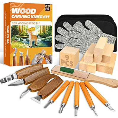 Wood Carving Kit, 23pcs Wood Carving Tool with 4PCS Wood Carving Knives & 5PCS Detail Knives 9 Basswood Blocks & Gloves & Roll Bag & Strop Block &