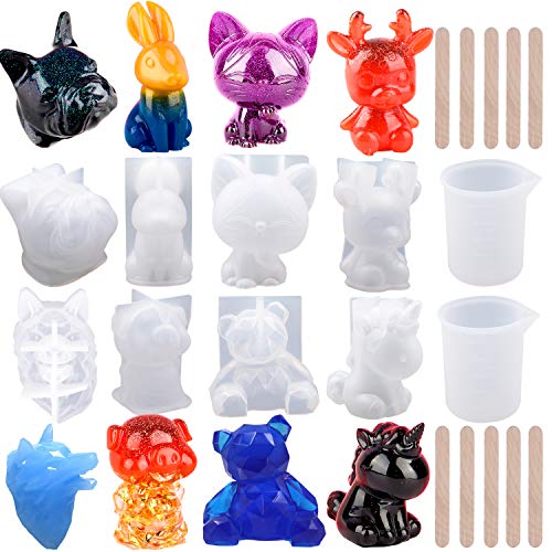 EuTengHao 20Pcs 3D Animal Resin Molds Tools Set Includes 8 Resin Casting Molds Large Clear Unicorn Epoxy Silicone Molds 2 Measurement Cup 10 Wood EuTengHao