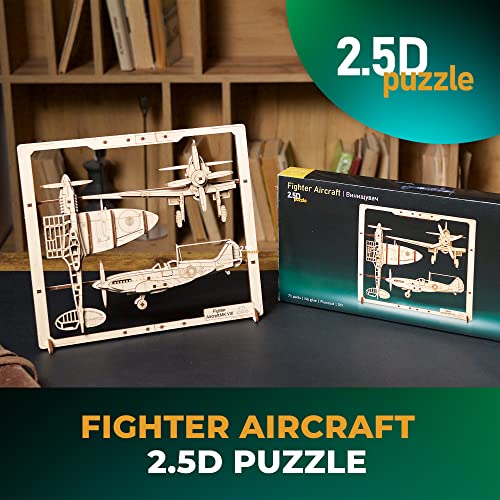UGEARS 2.5D Framed Fighter Aircraft - Classic Aircraft Wood Model Kit with Movable Aileron, Propeller, Wheel & Canopy - Airplane Wooden Puzzle Model UGEARS