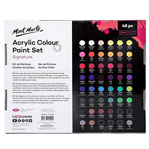 Mont Marte Signature Acrylic Paint Set, 48 Colors x 36 ml, Semi-Matte Finish, Suitable for Canvas, Wood, MDF, Leather, Air-dried Clay, Plaster, Mont Marte