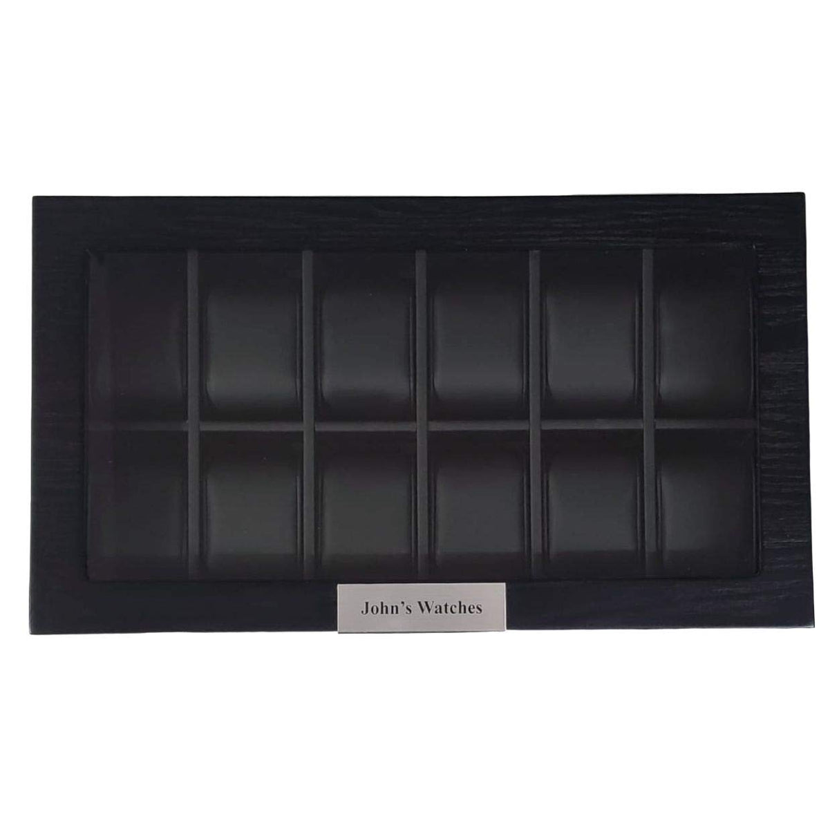 TIMELYBUYS Personalized 12 Black Wood Watch Box Display Case Storage Jewelry Organizer with Glass Top, Stainless Steel Accents, and Oversized Deluxe TIMELYBUYS