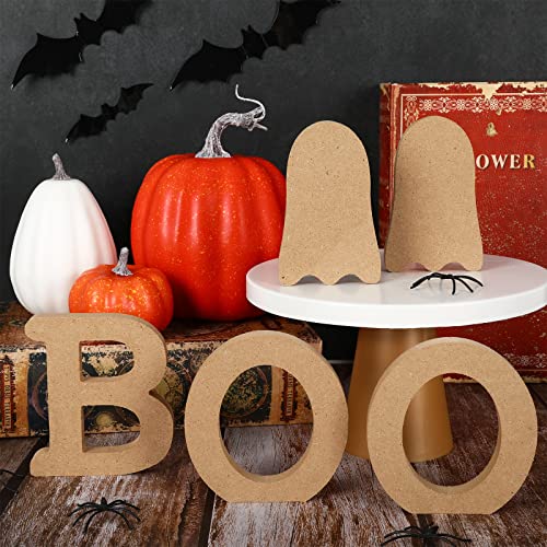 Whaline 6Pcs Halloween Wooden Ghost Cutouts Letter Boo Unfinished Table Wooden Signs Blank Ghost Freestanding Ornament for Halloween Home Kitchen Whaline