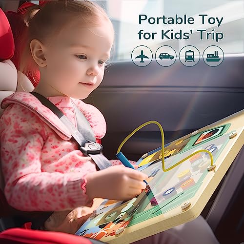 TOP BRIGHT Wooden Magnetic Wand Maze Board for 3 4 5 Years Old, Wooden Activity Board, Learning Color Recognition Magnetic Beads Fidget Toys for Kids TOP BRIGHT