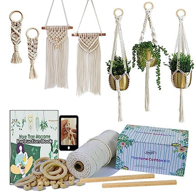 Ewparts Easy Macrame Kits for Adults Beginners Supplier Wood Beads,Rings,Wooden Dowel for Macrame Plant Hangers,Macrame Wall Hanging with Instruction