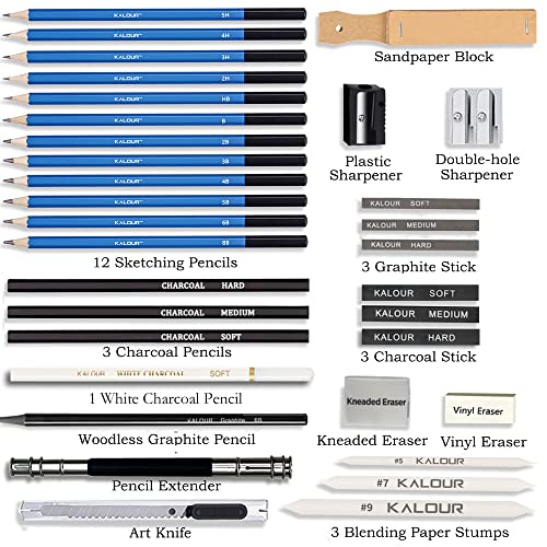 Kalour Sketching Pencil Set(34 Pack) - Includes Sketchbook - Zippered Travel Case - Sketch Pencil,Charcoal Pencil,Blending Paper,Eraser - Art Drawing KALOUR