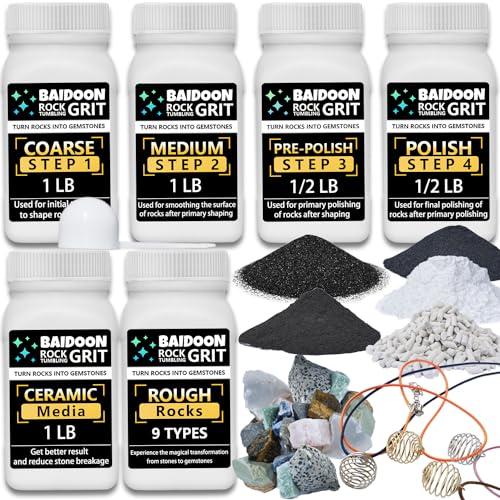 6 in 1 Rock Tumbler Grit Full Function Set – 4 Step Tumbling Grit, 1 Ceramic Refill Media, 9 Varieties Rough Rocks, Rock Tumbler Grit Polish Refill, BAIDOON