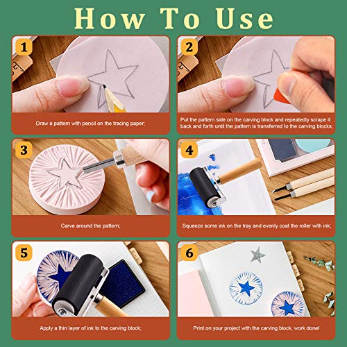 Keadic 41 Pieces Rubber Stamp Making Kit, Includes 2 Rubber Stamps Carving Blocks, 3 Carving Tools & Whetstone, Tracing Papers, Brayer Roller, Block Keadic