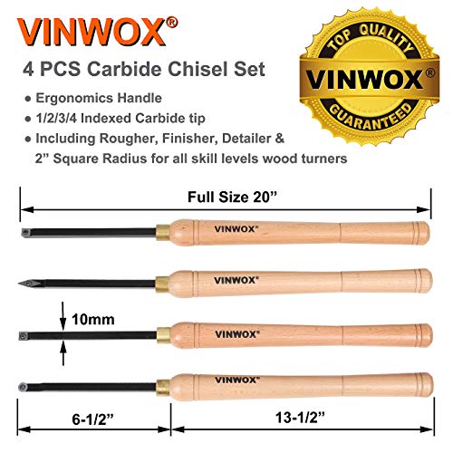 VINWOX 20" Full Size 4 PCS Carbide Wood Lathe Turning Tool Set, Carbide Wood Lathe Chisel Set, Carbide Lathe Turning Tool, Carbide Turning Tool VINWOX