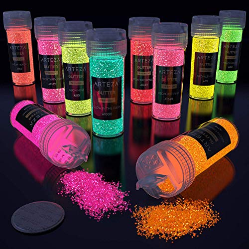 Arteza Fine Glitter, Set of 54 Colors, Shaker Jars (0.34oz/9.6 g) Glow Under UV Black Light, Extra Fine, Art Supplies for DIY Crafts ARTEZA
