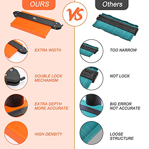 Contour Gauge Duplicator with Lock, Widen Shape Duplication Gauge Tool 5”& 10”, 2 Pack Master Outline Measuring Plastic Ruler for Corners, Feir