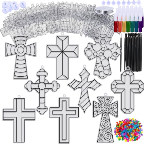 Winlyn 27 Sets Cross Suncatchers Ornaments Decorations DIY Window Paint Art Suncatchers Cross Craft Kits Cross Sun Catchers for Kids Sunday School Winlyn