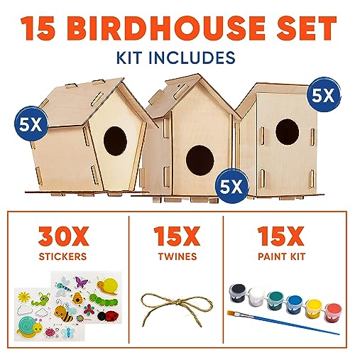 15 DIY Bird House Kits For Children to Build - Wood Birdhouse Kits For Kids to Paint - Unfinished Wood Bird Houses to Paint for Kids - Wood Craft CRAFTY HAPPITOYS
