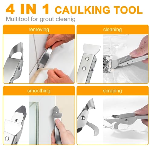 Stainless Steel Caulking Tools Kit: 4 in 1 Silicone Grout Remover Sealant Removal Scraper - Easy Caulk Finishing Smoother Applicator Set Bathroom AMZBUY