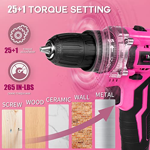 Pink Cordless Drill Set, 20V Lithium-ion Power Drill Set for Women with 67Pcs Drill Driver Bits, 3/8"Keyless Chuck, 25+1 Position Electric Drill, ThinkLearn