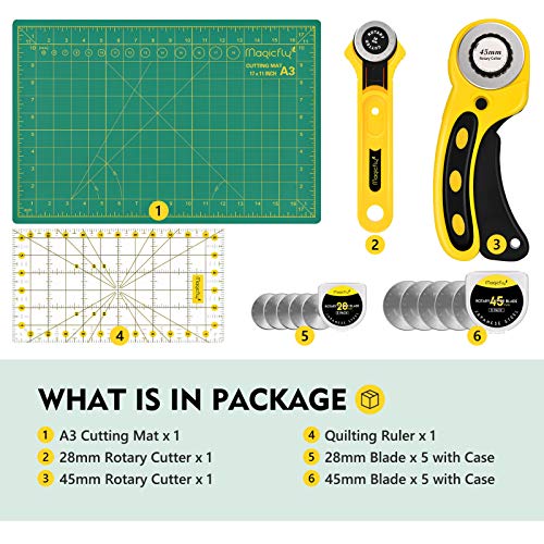 Magicfly Rotary Cutter Set, 45mm and 28mm Fabric Cutters Kit with Extra 10 Blades, A3 Double-Sided Self Healing Cutting Mat, 12x6 Inch Quilting Ruler Magicfly