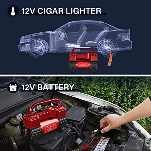 GSPSCN Red Tire Inflator Heavy Duty Double Cylinders, Portable Metal DC 12V Air Compressor, 150PSI Tire Pump with Adapter for Car, Truck, SUV Tires, GSPSCN