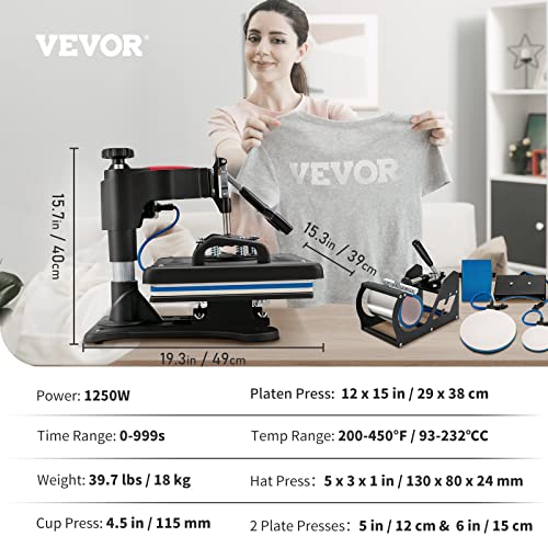 VEVOR Heat Press, 5 in 1 Heat Press Machine Machine 12x15, Clamshell Sublimation Transfer Printer Fast Heat-up, Digital Precise Temperature Control, VEVOR