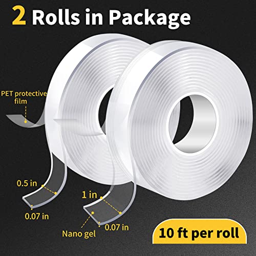 KUSUFEFI Double Sided Adhesive tape Heavy Duty, Double Stick Mounting (2 Rolls, Total 20FT), Clear Two Sided Wall tape Strips, Removable Poster tape KUSUFEFI