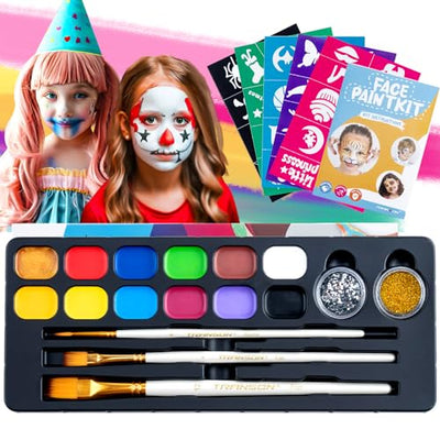 Transon 12colors Face Painting Kit for Kids Adults Non-toxic Water-based Paint with Brushes Stencils and Glitters
