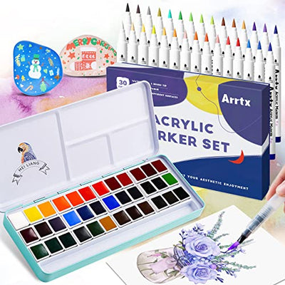 Bundle of MeiLiang Watercolor Paint Set, 36 Vivid Colors with Arrtx 30 Colors Acrylic Paint Pens for Rock Painting, Perfect for Students, Kids,