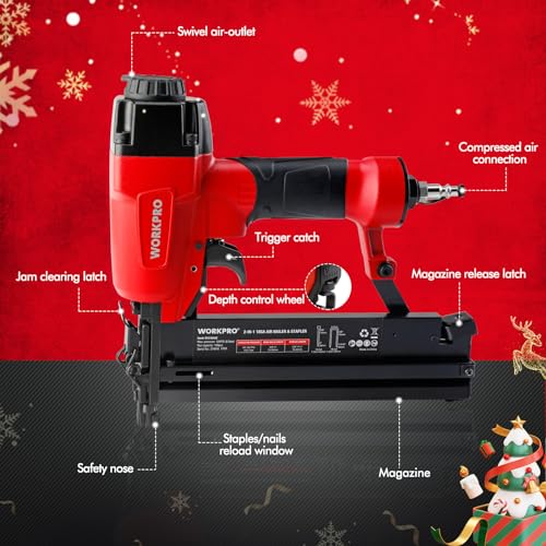 WORKPRO Pneumatic Brad Nailer, 18 GA, 2 in 1 Nail Gun and Crown Stapler, with 400pcs Nails/ 300pcs Staples, for Carpentry, DIY Project, Woodworking WORKPRO