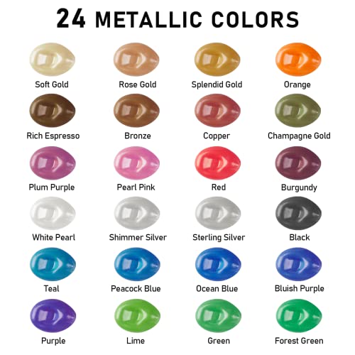 ABEIER Metallic Acrylic Paint, Set of 24 Metallic Colors in 2oz/60ml Bottle, Rich Pigments, Non Fading, Non Toxic Paints for Artist, Beginners & Kids Abeier