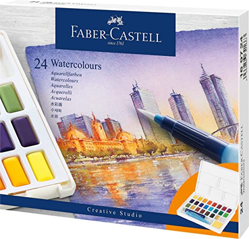 Faber-Castell Portable Watercolor Set Water Half Pans with Mixing Palette and Painting Accessories, 24 Count (Pack of 1), 24 Colors