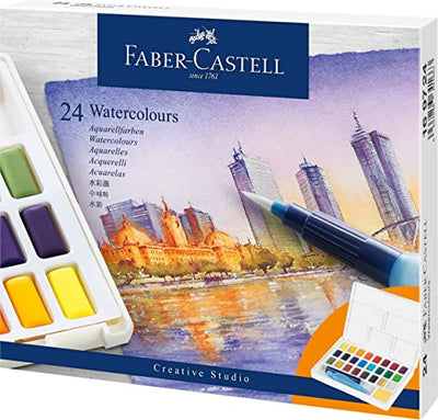 Faber-Castell Portable Watercolor Set Water Half Pans with Mixing Palette and Painting Accessories, 24 Count (Pack of 1), 24 Colors