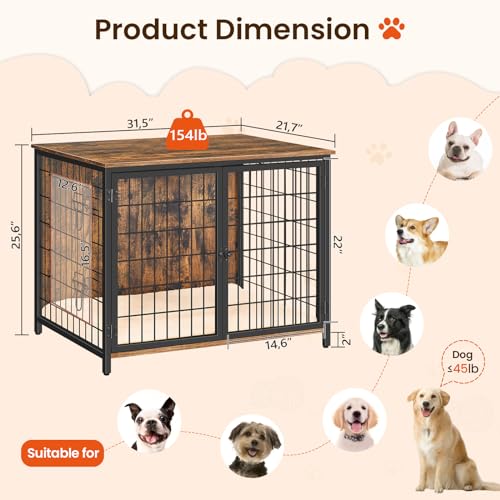 MAHANCRIS Dog Crate Furniture with Cushion, 31.5" Wooden Heavy Duty Dog Kennel with Double Doors, Indoor Dog House End Table, Dog Cage for Small MAHANCRIS