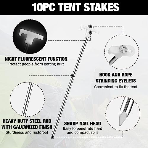 WORKPRO Tent Stakes and Hammer Set, 16oz Rubber Mallet Hammer, Wooden Handle, 10PC Heavy Duty Metal Tent Stakes and Storage Bag, DIY Woodworking, WORKPRO