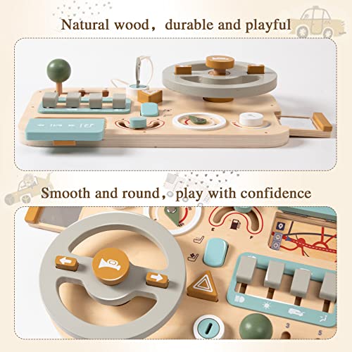 Wooden Busy Board Montessori Toys Steering Wheel for Toddlers, Car Driving Toddler Busy Board Wooden Sensory Toys for Kids 3+ Years Old Preschool WOODEN TEETHER