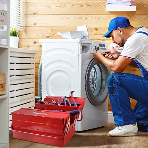 WORKPRO Metal Tool Box, 18-inch Cantilever Folding Red Storage Box, 3-Layer 5-Tray Multi-Function Tool Organizer, Red WORKPRO